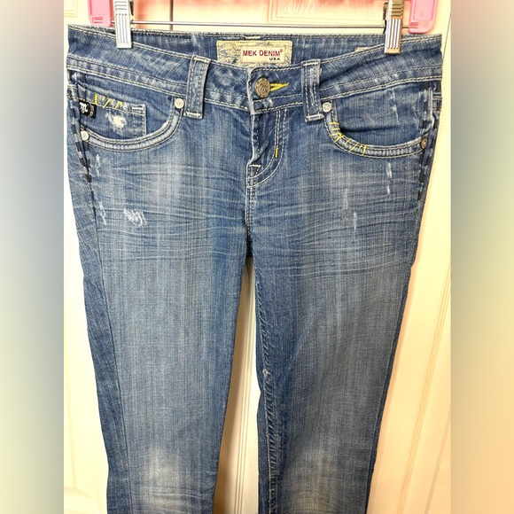 MEK Denim Acapulco Straight Jeans Medium Distressed Wash Slim Skinny Low Rise - Picture 4 of 12